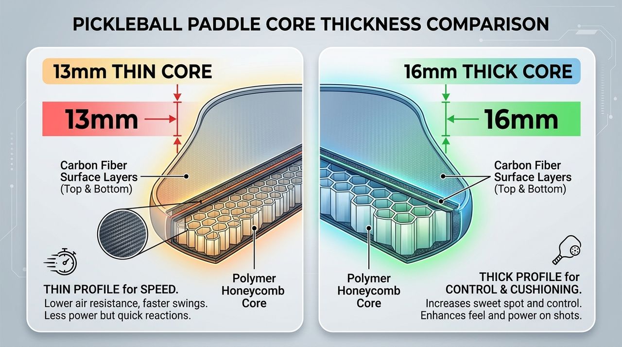 パドル断面図解 13mm vs 16mm ハニカムコアの厚み